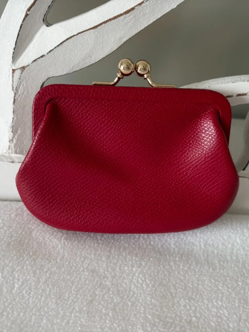 Coach Darcy Kiss Lock Bow Coin Purse in Red Crossgrain Leather and Gold